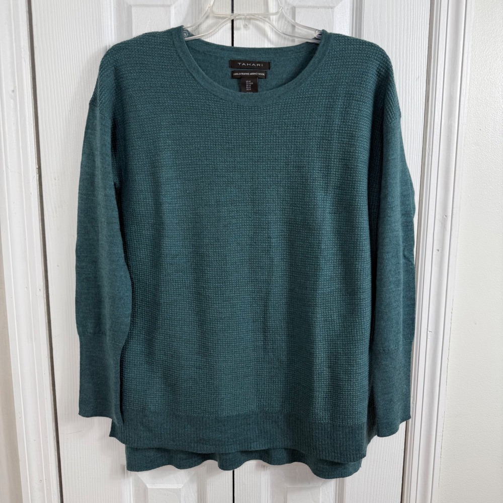 Tahari Merino Wool Sweater M Teal Green Waffle Knit Minimalist Quiet Luxury